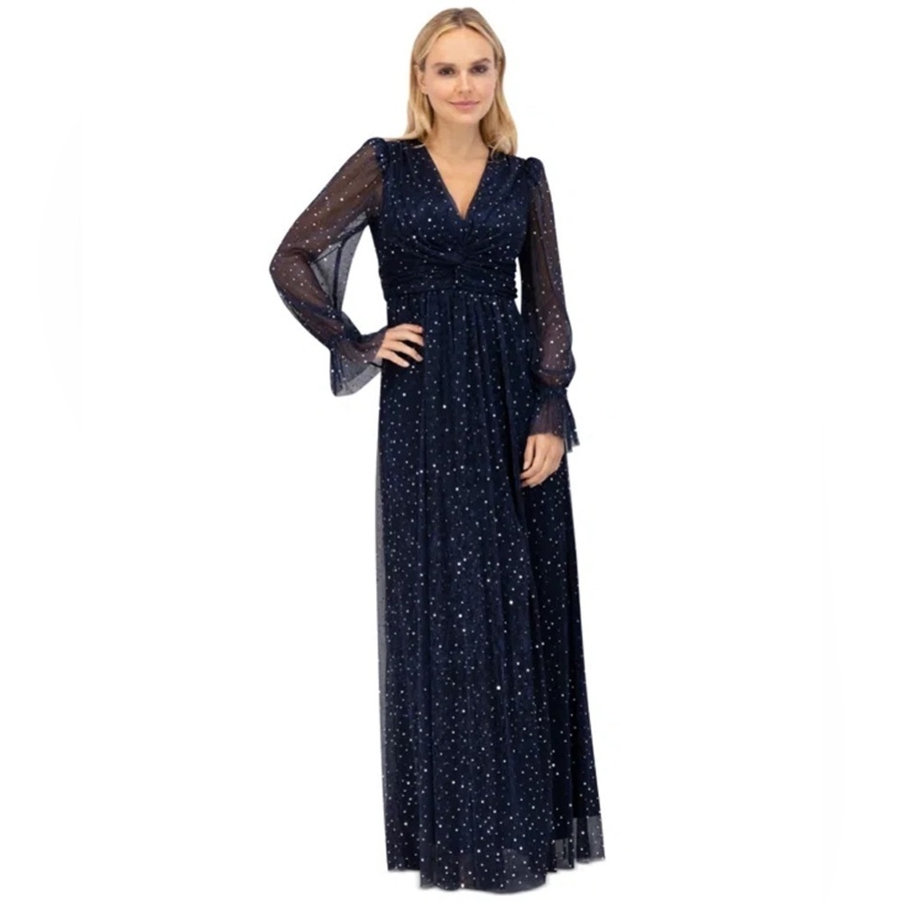 Eliza J Women's Twist-Front Pleated Metallic Knit Gown